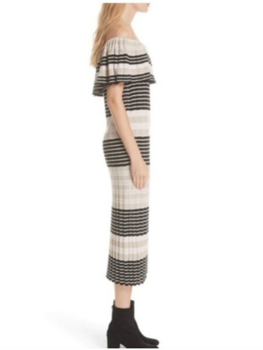 Free People Black & Cream Striped Off-Shoulder Midi Dress